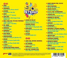 Logo mit "90s Stereo" in bunten Farben, zwei CD-Tracklisten. CD 01 und CD 02 mit je 18 bekannten Musikstücken.