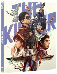 "The Killer" in großen Buchstaben, Illustrationen mit bewaffneten Personen, Kugeln und fliegenden Tauben.