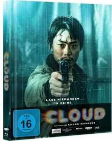 „LASS NIEMANDEN IN DEINE CLOUD“, FSK 16. Ein Mann zielt mit einer Pistole, Hintergrund unscharf, futuristisches Design.