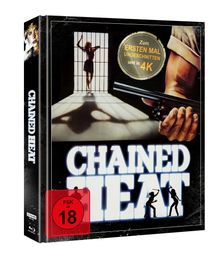 Text: "Zum ERSTEN MAL UNGESCHNITTEN und in 4K", "CHAINED HEAT", "FSK ab 18". 
Illustration: Frau hinter Gittern, bewaffneter Arm.