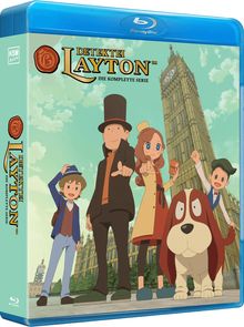 "DETEKTEI LAYTON: DIE KOMPLETTE SERIE." Illustration: Vier Personen und ein großer Hund vor dem Big Ben.