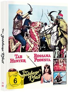 Texte: "Der goldene Pfeil", "Tab Hunter", "Rossana Podestà", "FSK ab 6 freigegeben". 

Illustration: Orientaler Kampf mit Schwertern.