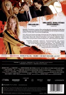 Texte: "UNGALUBLICH!", "BRILLANTES, GEWALTTÄTIGES ENTERTAINMENT." Beschreibung von Quentin Tarantinos Film "Kill Bill". Vordergrund: Frau in gelbem Anzug mit Schwert. Hintergrund: Mehrere Personen.