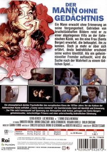 "DER MANN OHNE GEDÄCHTNIS. Ein Mann erwacht ohne Erinnerung an seine Vergangenheit." Illustration einer Frau vor Puzzleteilen.