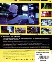 "Willkommen in Night City, Choom. Erlebe die knallharte Geschichte von Cyberpunk: Edgerunners." Anime-Illustrationen mit futuristischen Szenen.
