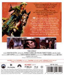 „Im Jahr 1860 wollen Buffalo Bill und sein Freund Wild Bill Hickock mit dem Pony-Express ein schnelles Postsystem etablieren." Eine Illustration zeigt einen Cowboy auf einem galoppierenden Pferd, darunter Filmszenen.