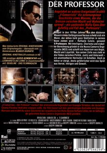 "DER PROFESSOR - Ange­lehnt an wahre Ereignisse erzählt 'Il Camorrista' die schonungslose Geschichte eines Mannes."  
Oben befindet sich ein Porträt eines Mannes in einem Anzug mit Sonnenbrille. Darunter sind Filmszenen, u.a. Explosionen und Auseinandersetzungen.