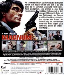 "A MAN CALLED MAGNUM" in großen Buchstaben; darüber ein Mann mit Waffe. Mehrere Filmszenen mit Charakteren in Aktion.