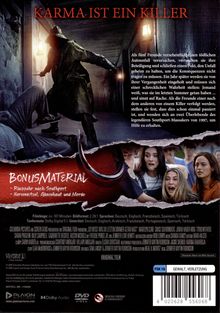 "KARMA IST EIN KILLER" in roten Buchstaben. Szene: Bedrohlicher Mann mit Haken. Unten Schockierte Jugendliche. Text erklärt Handlung.