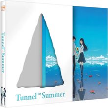 „Tunnel to Summer“. Illustration: Ein Junge und ein Mädchen stehen sich gegenüber, halten eine Sonnenblume, reflektiert im Wasser.