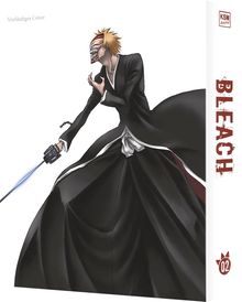 "Vorläufiges Cover." "BLEACH" Buchrücken. Illustration eines maskierten Charakters im schwarzen Gewand mit Schwert.