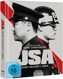 Zwei Soldaten in Profilansicht mit Helmen, daneben steht groß "JSA" und "Joint Security Area". FSK 16 ist zu sehen.