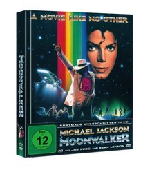 "A Movie Like No Other", "Michael Jackson Moonwalker", FSK 12. Illustratives Cover mit buntem Regenbogen und Figuren.