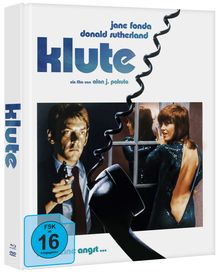Text: "jane fonda, donald sutherland, Klute, ein film von alan j. pakula, keine angst..." 

Illustration eines Mannes mit Pistole und Frau im rückenfreien Kleid. Telefonhörer im Vordergrund.