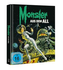 „Monster aus dem All“, FSK 16. Illustration: Astronautin mit Helm kämpft gegen grünes Monster im Weltraum.