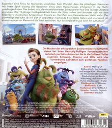 Texte beschreiben einen Film über "Finns", unsichtbare Wesen, und ein Mädchen, das Abenteuer mit ihnen erlebt. Illustration mit bunten Figuren.