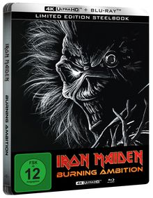 "IRON MAIDEN BURNING AMBITION" in roter Schrift. Illustration: Ein grimmiges Gesicht mit wilden Haaren in Schwarz-Weiß.