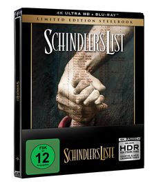 „Schindler's List“ Limited Edition Steelbook, FSK 12. Hände halten sich, mit Hintergrund in Schwarz-Weiß.