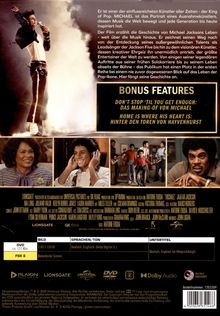 Text oben beschreibt Michael Jackson als den "King of Pop". Bonus Features: "Don't Stop 'Til You Get Enough". Bild zeigt ihn auf der Bühne. Darunter Szenenbilder und Produktionsdetails.