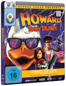"Howard the Duck - Ein tierischer Held" ist groß in der Mitte. Ein Entengesicht mit Brille dominiert das Bild, im Hintergrund Blitze.