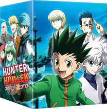 "Hunter x Hunter Complete Edition" in bunten Buchstaben. Anime-Charaktere: Junge mit grünem Anzug, Weißhaariger hinten.
