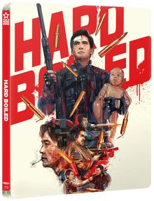 Text: "HARD BOILED". Illustration: Mehrere bewaffnete Männer, Patronen fliegen, ein Mann hält ein Baby.
