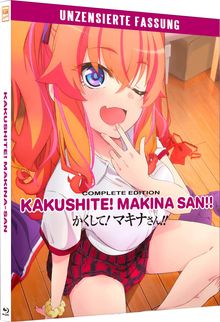„Unzensierte Fassung. Complete Edition KAKUSHITE! MAKINA SAN!!“ Rotes Haar, zwinkerndes Mädchen in Schuluniform auf Boden.