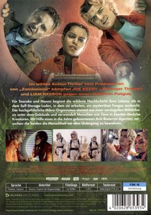 Text: "Im wilden Action-Thriller kämpfen Joe Keery und Liam Neeson gegen einen tödlichen Fungus." Oben sind drei Personen. Unten Bilder mit Schutzanzügen.