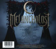 "Melancholost" in gotischer Schrift. Kapitel I bis XV mit Titeln wie "THE PRIMAL FIRE" und "FROZEN IN TIME". Schwarze Vorhänge mit Rosen.