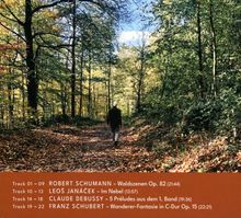 Track 01 – 09 ROBERT SCHUMANN – Waldszenen Op. 82. Ein Mann geht im herbstlichen Wald auf einem Laubweg spazieren.