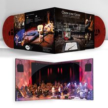 Covertext: "Oder eine Geige". Szenen mit Musikern und einem Orchester auf einer Bühne. Ein rotes Vinyl ist sichtbar.