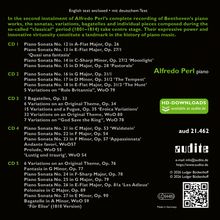 In englischer Sprache wird Alfredo Perls Beethoven-Aufnahme beschrieben, CDs und Klavierwerke aufgelistet. Links sind die CDs 1-5 mit jeweiliger Musikstück-Auflistung, rechts ein grünes HD-Download-Logo mit Webseite, unten rechts Kontaktinfo und ein QR-Code.