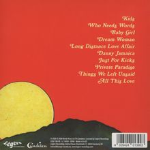 Songtitel auf rotem Hintergrund: Kids, Who Needs Words, Baby Girl und mehr. Unten ein gelber Mond und schwarze Berge.
