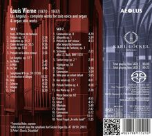 "Louis Vierne (1870-1937). Les Angelus - complete works for solo voice and organ & organ solo works." Links Orgelpfeifen, rechts blaues Muster.