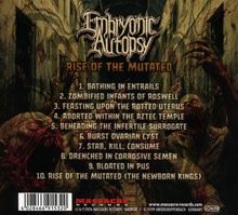 "Embryonic Autopsy: Rise of the Mutated" Trackliste enthält 10 Songs. Horror-Thema mit furchteinflößenden Kreaturen.