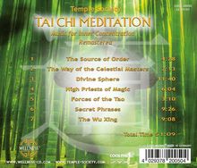 "Temple Society TAI CHI MEDITATION Music for Inner Concentration Remastered." Eine Liste von sieben Titeln mit Zeiten. Hintergrund: Bambus.
