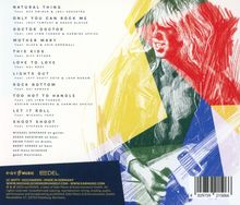 Titelliste mit Songs wie "Natural Thing" und "Doctor Doctor". Illustration eines Musikers in bunten geometrischen Formen.