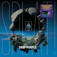 "Deep Purple" und "Splat" in großen Buchstaben. Illustration: Mensch vor Felsenbogen in surrealer Landschaft.