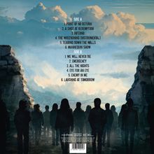 Liste von Titeln auf zwei Seiten vor wolkigem Himmel, Silhouetten von Menschen und zerklüfteten Felsen im Vordergrund.