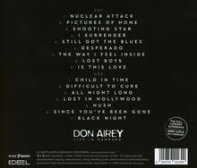 Eine Liste von Musiktiteln auf zwei CDs. Unten steht "DON AIREY LIVE IN HAMBURG". Text auf schwarzem Hintergrund.