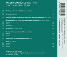 MAURICE DURUFLÉ (1902–1986) SÄMTLICHE ORGELWERKE. Liste von Orgelstücken mit Titeln, Opuszahlen und Zeiten auf grünem Hintergrund.