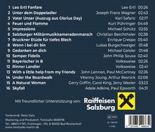 Titelliste von 16 Musikstücken mit Künstlernamen und Dauer. Darunter Raiffeisen Salzburg Logo. Kontaktinformationen von Tonstudio.