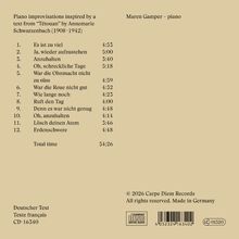 Titel und Zeiten von 12 Klavierstücken inspiriert von Annemarie Schwarzenbach. Pianistin: Maren Gamper. Gesamtzeit 54:26.