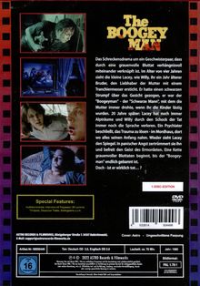 "The Boogey Man" oben. Text beschreibt ein Schreckensdrama um ein Geschwisterpaar und grauenvolle Bluttaten. Bilder zeigen angespannte Szenen.