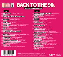 "BACK TO THE 90s" groß oben. Zwei CD-Tracklisten, Links CD1, Rechts CD2. Logo links oben: Sunshine Live.
