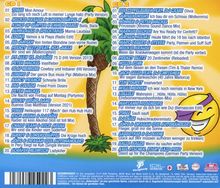 Trackliste für zwei CDs, jeweils 20 Songs: Die Titel gehören zur Party- und Mallorca-Musikszene. Gelber Hintergrund mit Palme.