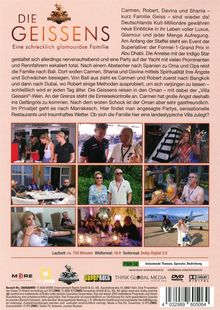 "Die Geissens - Eine schrecklich glamouröse Familie" steht oben. Darunter Filmtext über ihre luxuriösen Reisen. Bilder zeigen luxuriöse Szenen und kleinere Logos unten.