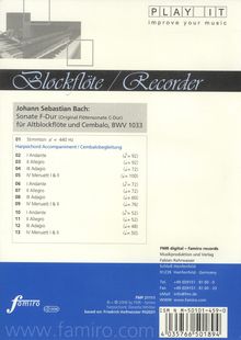 Sonate F-Dur für Altblockflöte und Cembalo; BWV 1033, CD