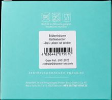Blütenträume Kaffeebecher „Das Leben ist schön“. Nicht mikrowellengeeignet, Handwäsche empfohlen. Türkise Verpackung.