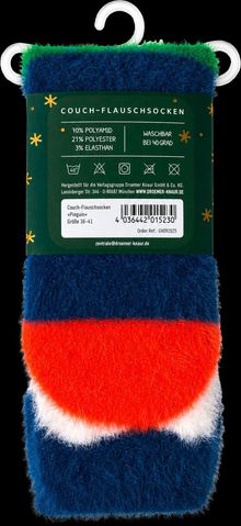 "Couch-Flauschsocken, 70% Polyamid, 21% Polyester, 3% Elasthan. Waschbar bei 40 Grad. Flauschige, bunte Streifensocken."
